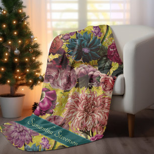 Vintage colorful yellow Floral monogrammed Fleece Blanket