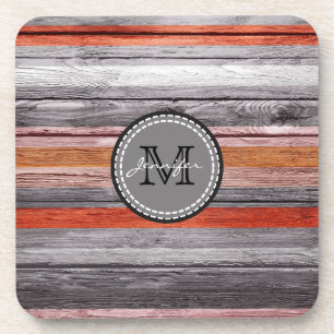 Vintage Colors Wood Look Monogram #4 Beverage Coaster