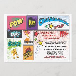 Vintage Comic Book Strip Super Hero Party Invite