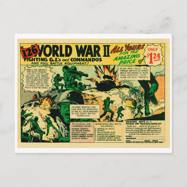 Vintage Comic Book Toy Ad 'WW2 Toy Soldiers' Postcard (Front)