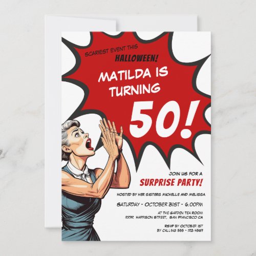 Vintage Comic Halloween Surprise 50th Birthday Invitation