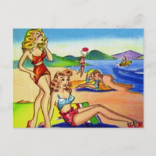Vintage Comic Pin_Up Beach Girls Postcard