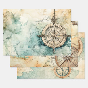 Vintage Compass and Old Map Nautical  Wrapping Paper Sheets