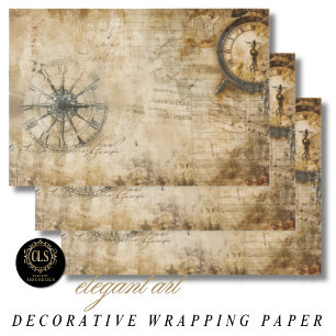 Vintage Compass Antique Clock Wrapping Paper Sheets