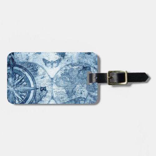 Vintage Compass  Blue Grunge Nautical Chart Luggage Tag