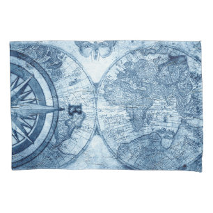 Vintage Compass Blue Grunge Nautical Chart Pillow Case