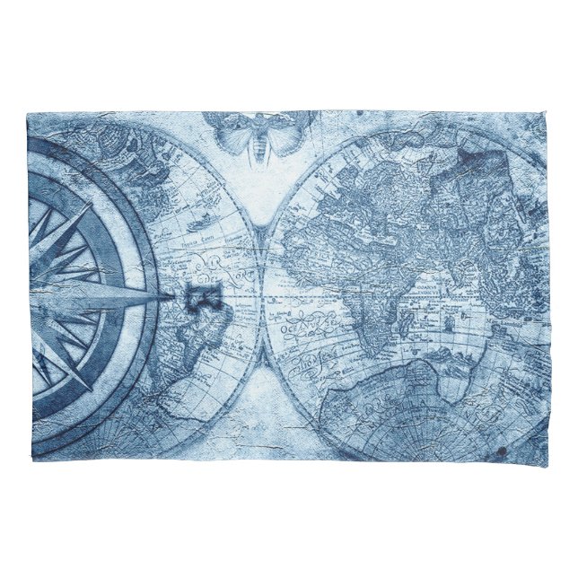 Vintage Compass | Blue Grunge Nautical Chart Pillow Case (Front)