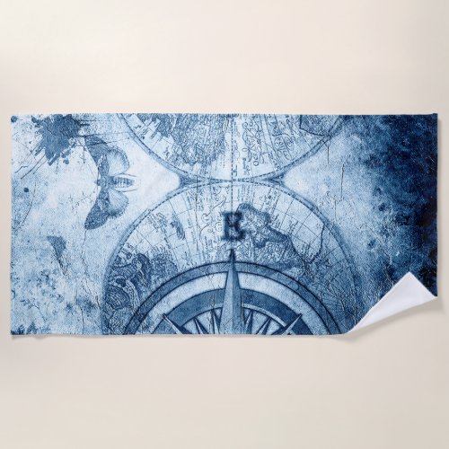 Vintage Compass  Blue Grunge Nautical Sea Chart Beach Towel