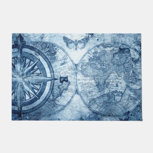Vintage Compass  Blue Grunge Nautical Sea Chart Doormat