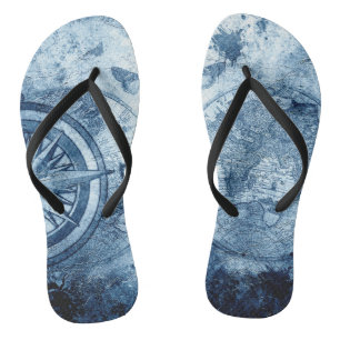 Vintage Compass Blue Grunge Nautical Sea Chart Flip Flops