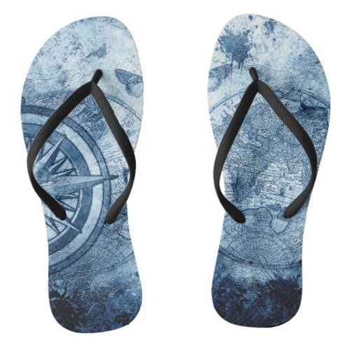 Vintage Compass  Blue Grunge Nautical Sea Chart Flip Flops