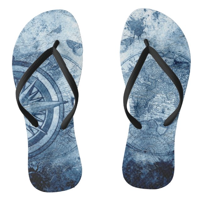 Vintage Compass | Blue Grunge Nautical Sea Chart Flip Flops (Footbed)