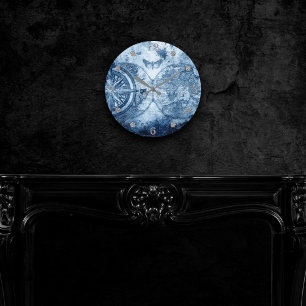 Vintage Compass Blue Grunge Nautical Sea Chart Round Clock