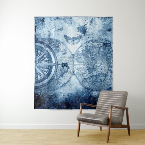 Vintage Compass  Blue Grunge Nautical Sea Chart Tapestry