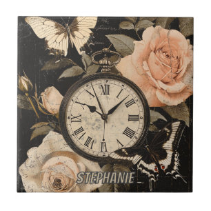 Vintage Compass Butterfly Floral Brown Ceramic Tile