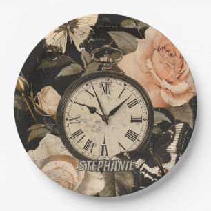 Vintage Compass Butterfly Floral Brown Paper Plates