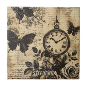 Vintage Compass & Butterfly - Rustic Paper (1) Ceramic Tile