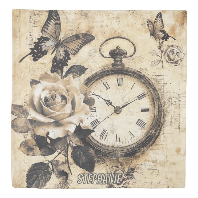 Vintage Compass & Butterfly - Rustic Paper (2) Duvet Cover (Front)