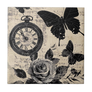 Vintage Compass & Butterfly - Rustic Paper (3) Ceramic Tile