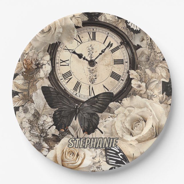 Vintage Compass & Butterfly - Rustic Paper (4) Plates (Front)