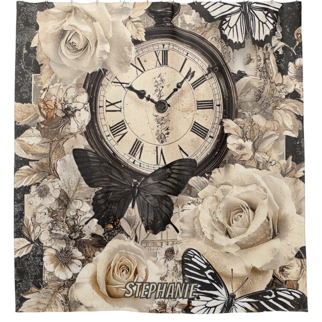 Vintage Compass & Butterfly - Rustic Paper (4) Shower Curtain (Front)