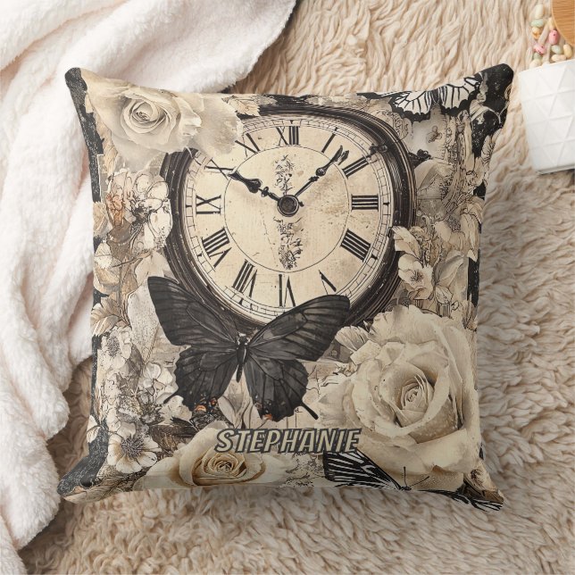 Vintage Compass & Butterfly - Rustic Paper (4) Throw Pillow (Blanket)