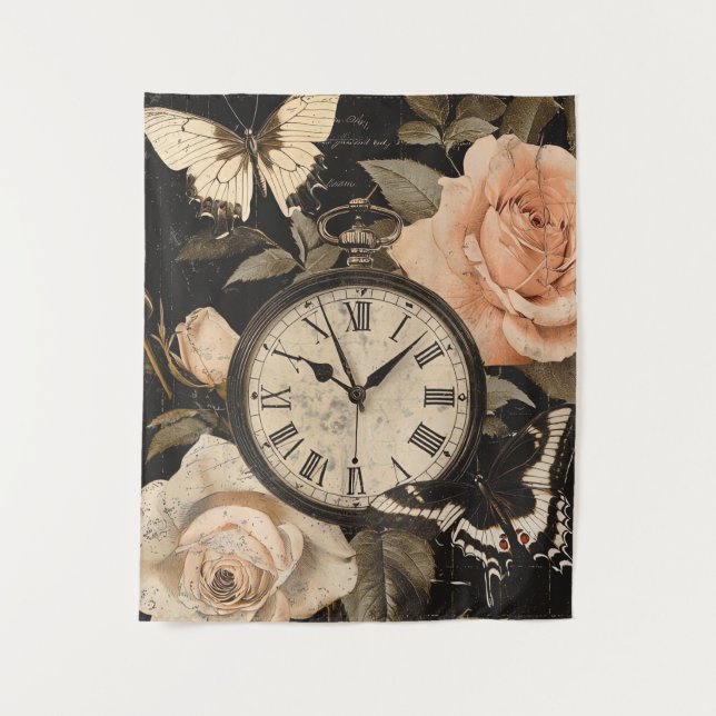 Vintage Compass & Butterfly - Rustic Paper (5) Tapestry (Front)