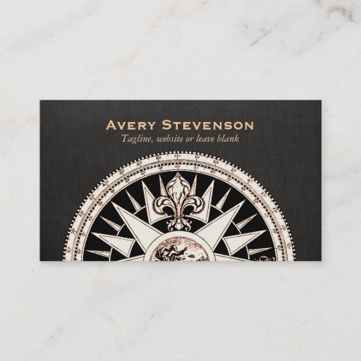 Customizable Vintage Compass Black Linen Look Finance Business Card