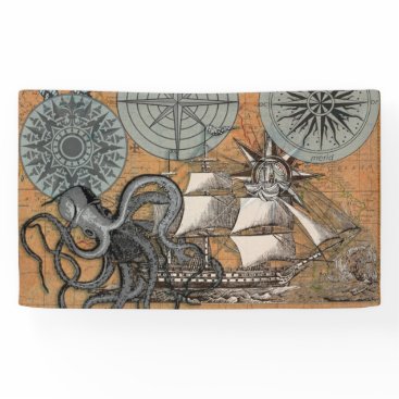 Vintage Compass Rose Octopus Art Print Drawing Banner Vintage Compass Rose Octopus Art Print Drawing Banner