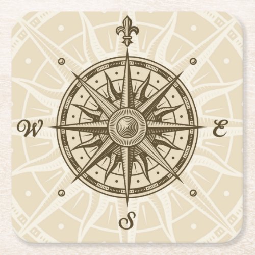 Vintage Compass Rose Square Paper Coaster