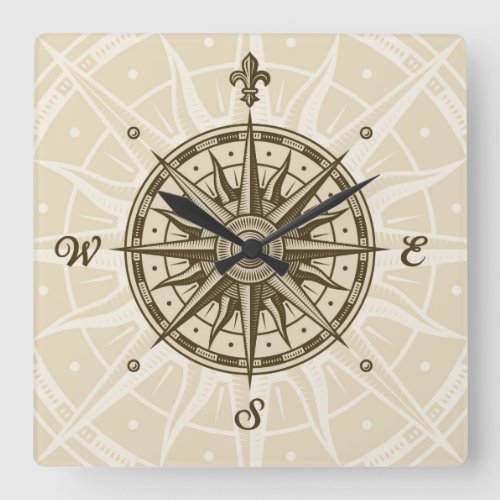 Vintage Compass Rose Square Wall Clock