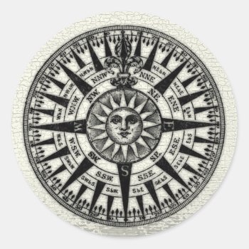 Vintage Compass Rose Sun Classic Round Sticker by elizme1 at Zazzle