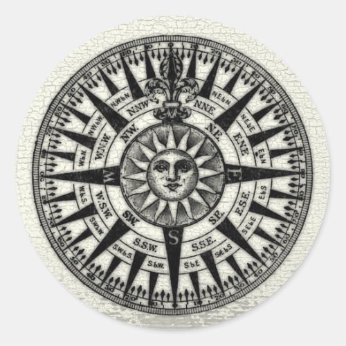Vintage Compass Rose Sun Classic Round Sticker