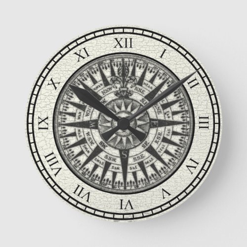 Vintage Compass Rose Sun Round Clock