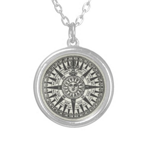 Vintage Compass Rose Sun Silver Plated Necklace