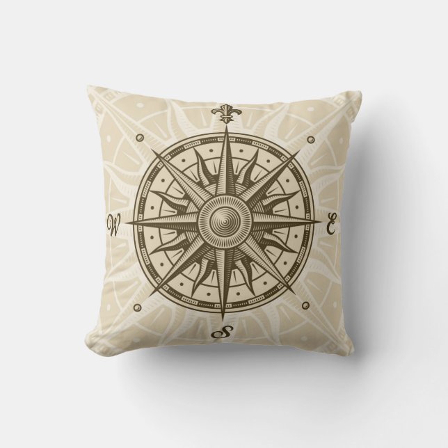 Vintage Compass Rose Throw Pillow (Front)