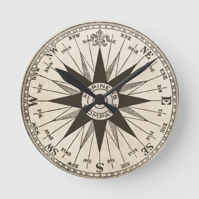 Vintage Compass Rose Wall Clock (Front)