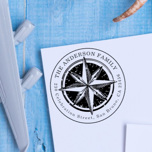 Vintage Compass Round Family Name  Return Address Rubber Stamp