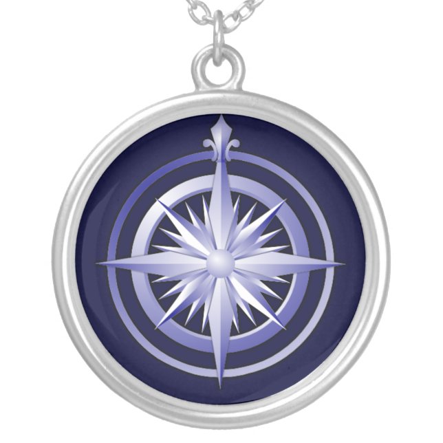 Vintage Compass Silver-Plated Necklace Blue (Front)