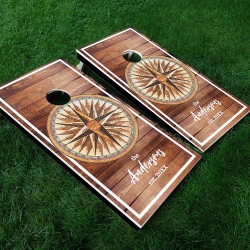 Vintage Compass Stained Wood Boards Family Name Cornhole Set