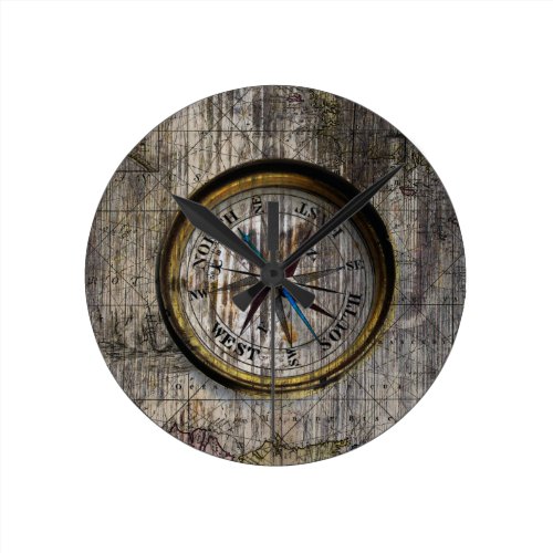 Vintage Compass Wood Round Wall Clock