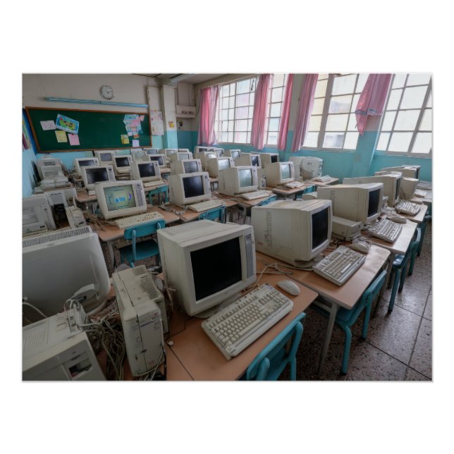 Vintage Computer Classroom with CRT Monitors Poster (Front)