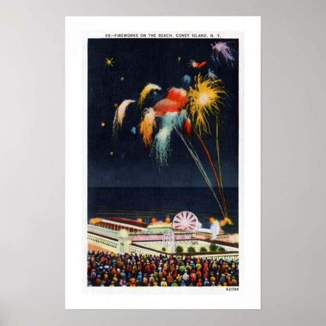 Vintage Coney Island  fireworks on beach Poster (Front)