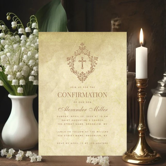 Vintage Confirmation Antique Crest Religious Cross Invitation (Confirmation invitation with antique crest in vintage background)