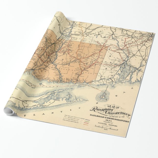 Vintage Connecticut Railroad Map (1893) Wrapping Paper (Unrolled)
