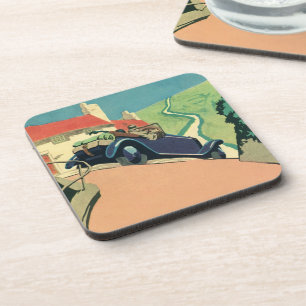 Vintage Convertible Car Road Trip in the Country Beverage Coaster