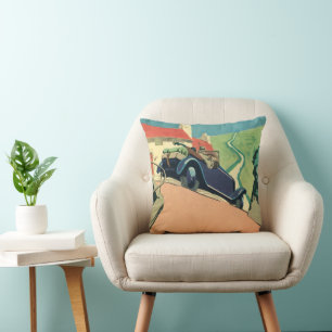 Vintage Convertible Car Road Trip in the Country Throw Pillow