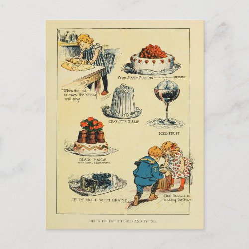Vintage Cookbook Delights and Desserts Postcard