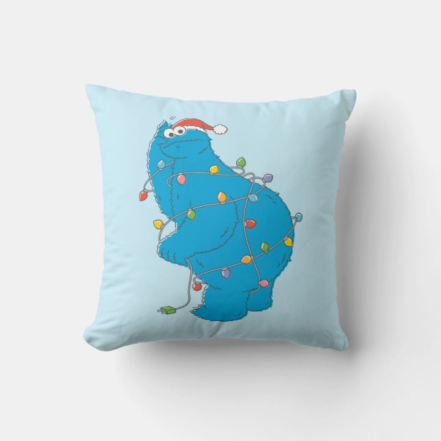 Vintage Cookie Monster Christmas Lights Throw Pillow (Front)