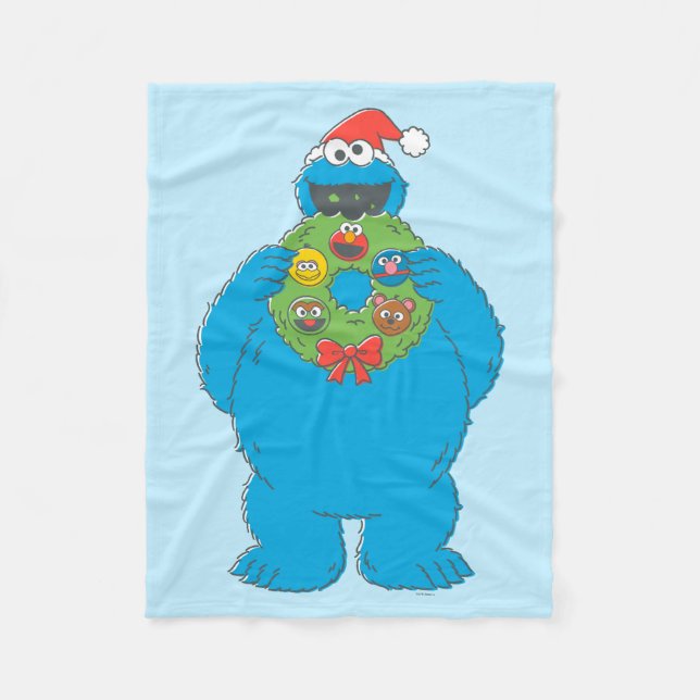 Vintage Cookie Monster Christmas Wreath Fleece Blanket (Front)